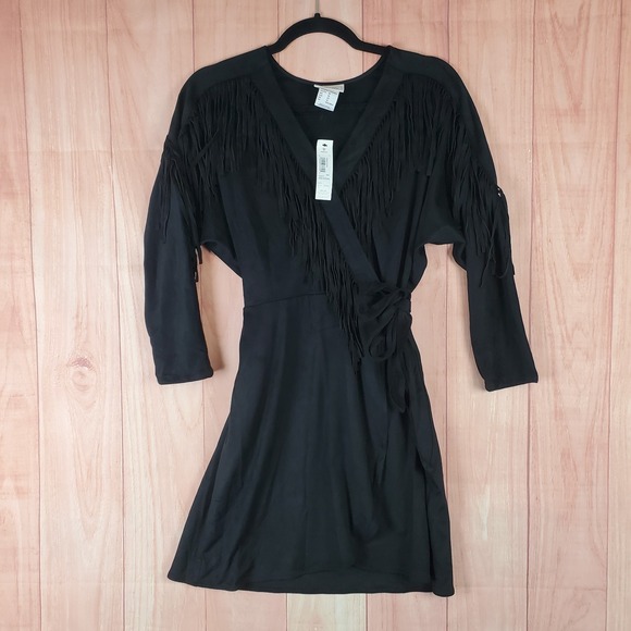 Ariat Dresses & Skirts - Ariat Hills Wrap Dress Womens 10 Black V Neck Fringe Detail Asymmetrical Hem